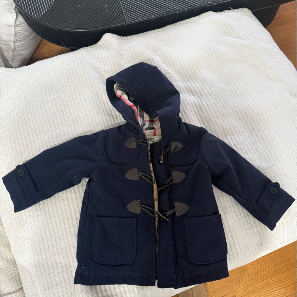 Burberry Beige Plaid-Lined Coat with Navy Exterior